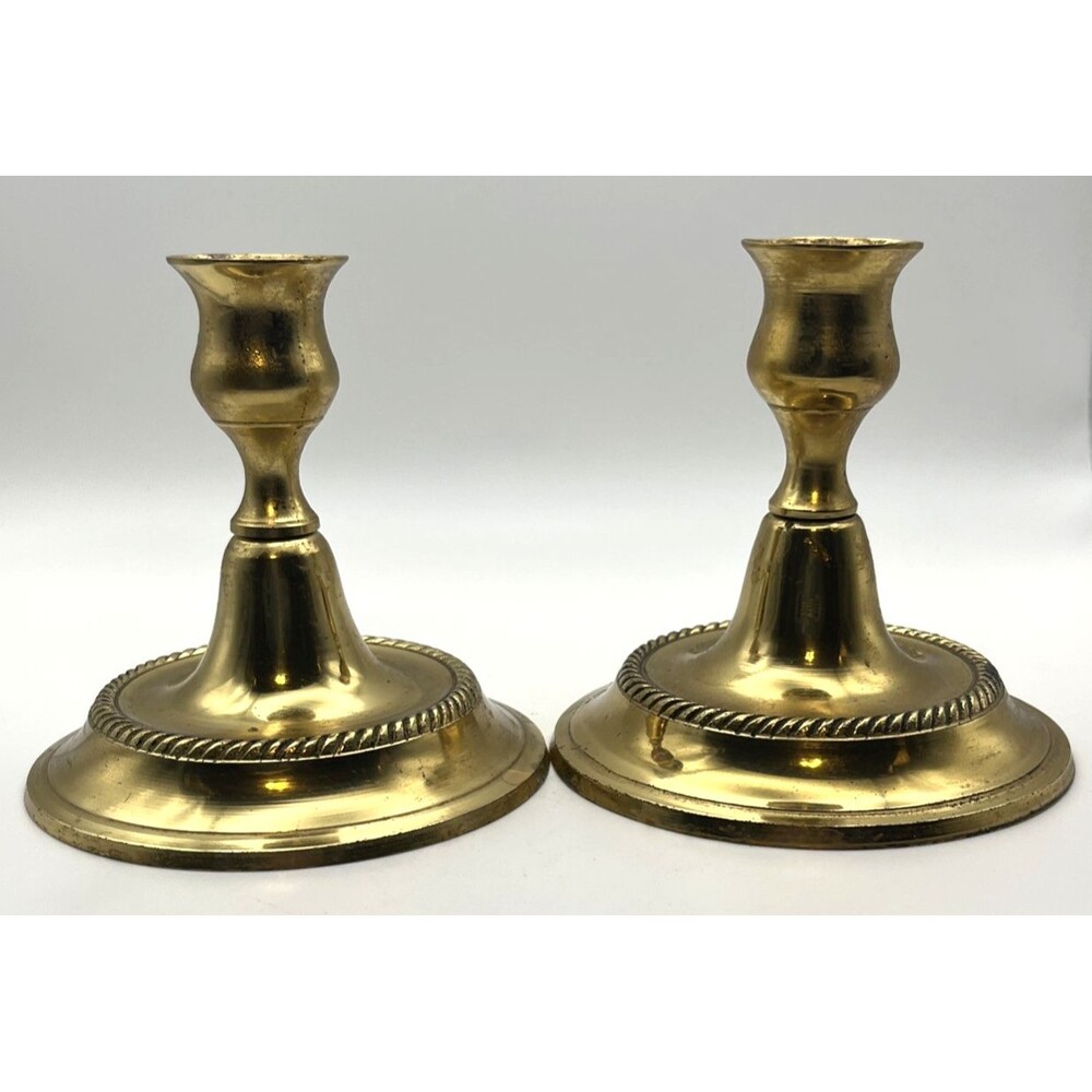 Pair Brass Tone Candlesticks 4" Short Taper Candle Holders Rope Edge Traditional